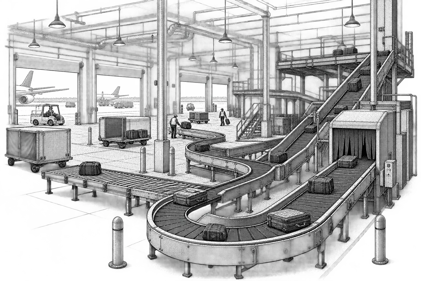 an airport baggage handling area: a conveyor belt running into a sorting bay, baggage carts and tugs parked alongside, a floor scale and stacked suitcases