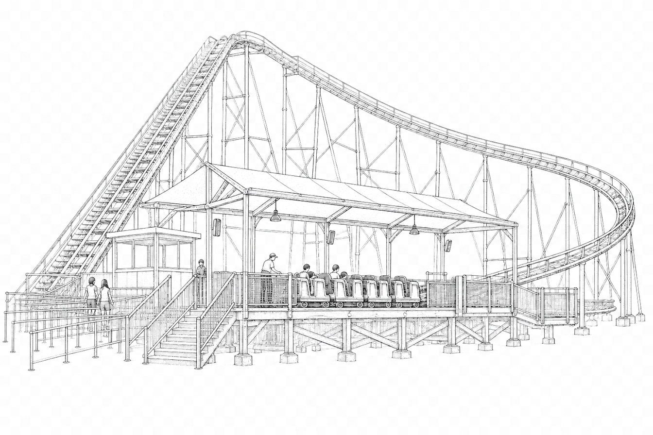 an amusement park ride loading platform: a queue rail, a height-check measuring board, and ride cars with over-shoulder harnesses waiting at the boarding gate