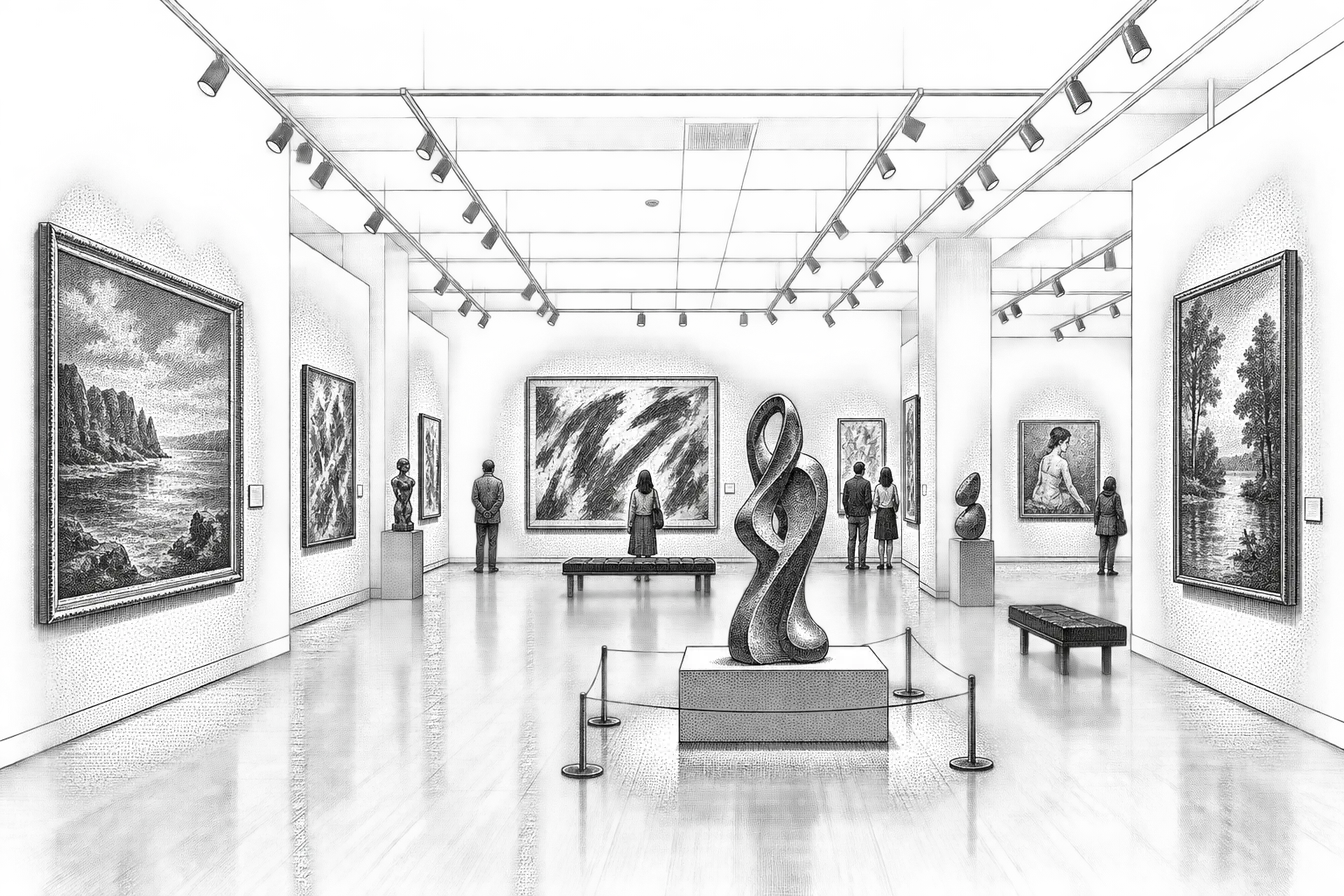 an art gallery interior: framed canvases along white walls, track lighting overhead, a small provenance card beside each work, a rope stanchion, and a freestanding sculptural installation on a low plinth in the middle of the floor