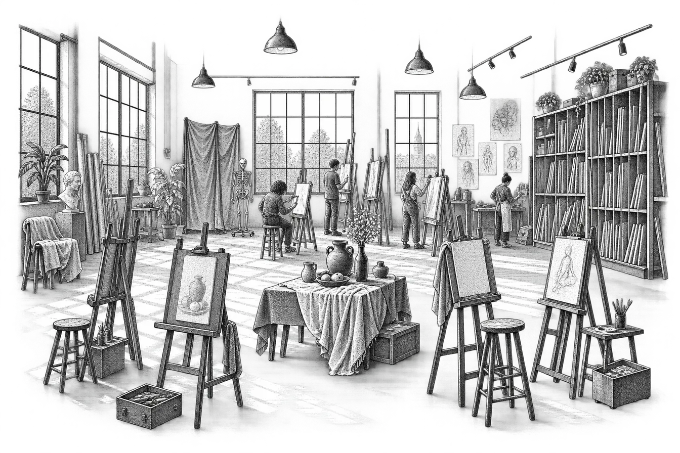 an art school studio: wooden easels holding still-life drawings, a draped table of jugs and fruit, stools with paint boxes and a wall of framed studies