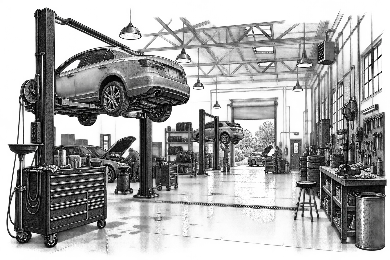 an auto repair shop bay: a car raised on a hydraulic lift, a rolling tool chest, oil drums and a cluttered workbench