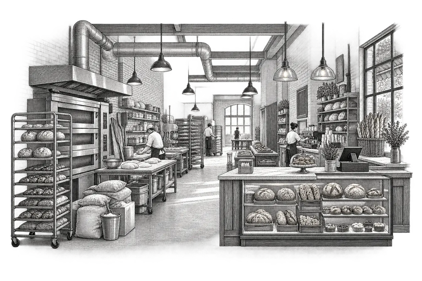 a bakery kitchen and front counter: a rolling rack of cooling trays, a deck oven, sacks of flour and a display case of loaves