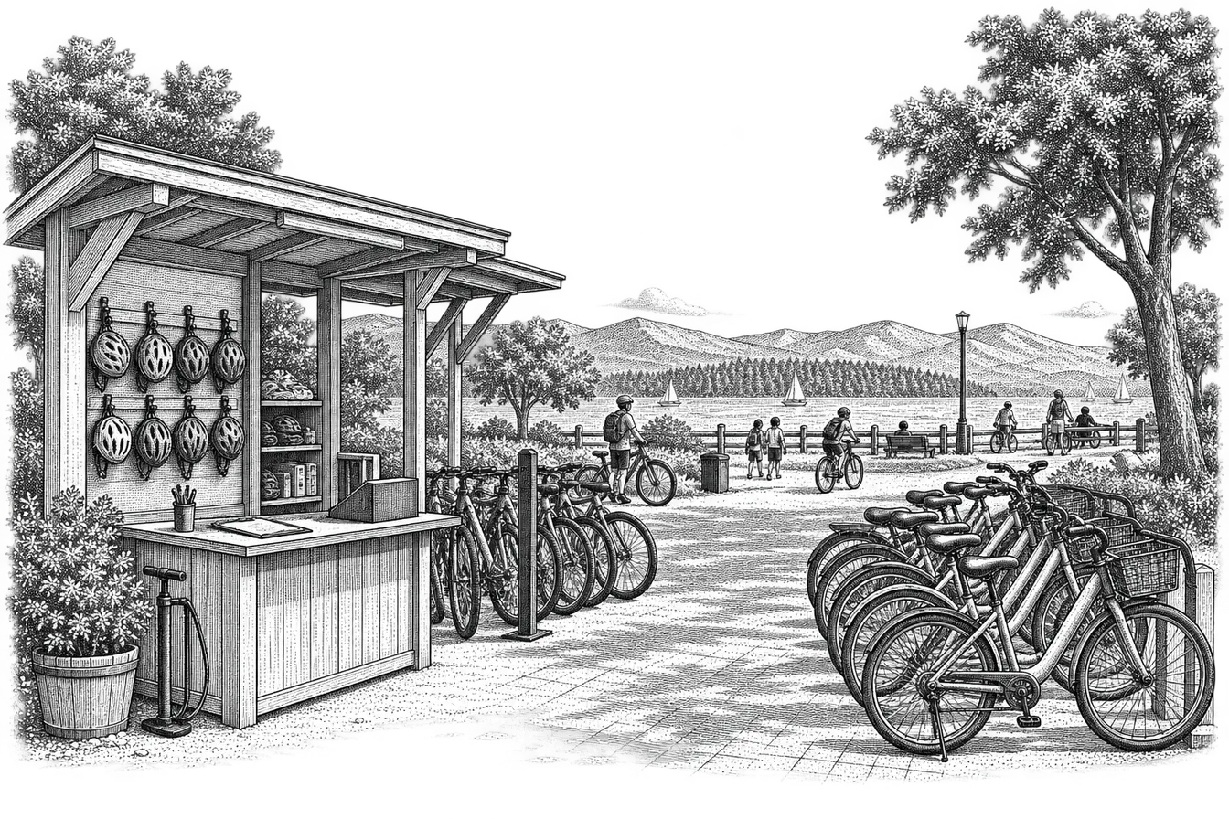 an outdoor bike rental kiosk: a rack of bicycles, a small counter with a clipboard, a floor pump and helmets hanging on hooks
