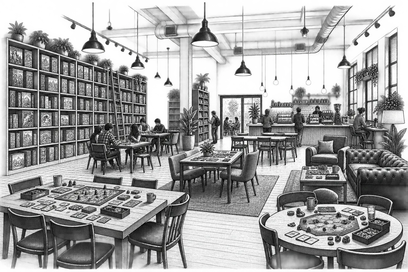 a board game cafe: tables set with open board games, a floor-to-ceiling shelf of game boxes, a coffee counter at the back