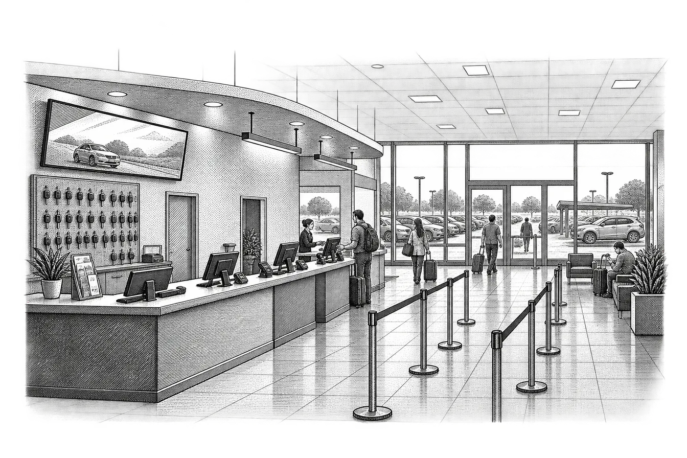 a car rental counter: a service desk with monitors, a key board on the wall behind, a queue rail and cars visible through glass beyond