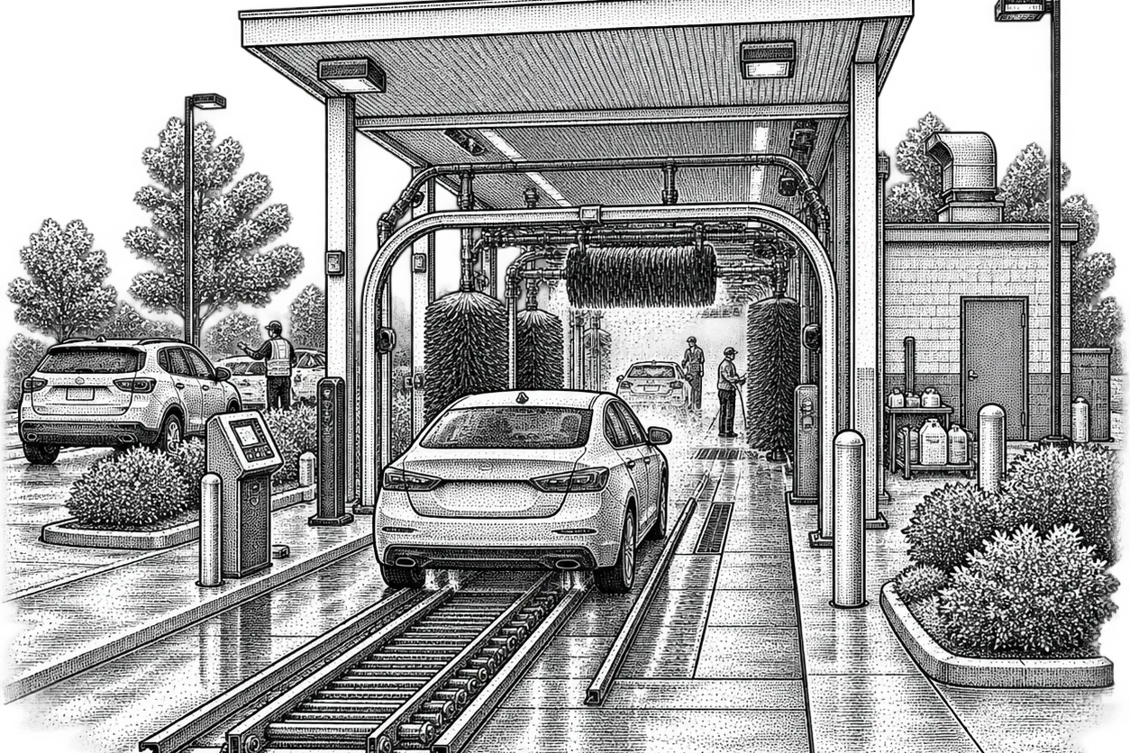 the entrance of an automatic car wash tunnel seen from outside: guide rails and rollers inside, a control panel, a car approaching the track