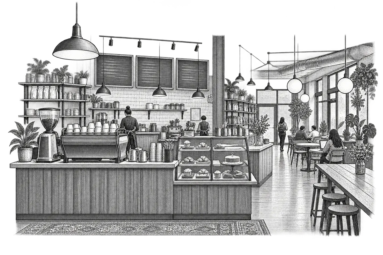 a coffee shop counter: an espresso machine and grinder, a milk pitcher and stacked cups, a pastry case and a menu rail