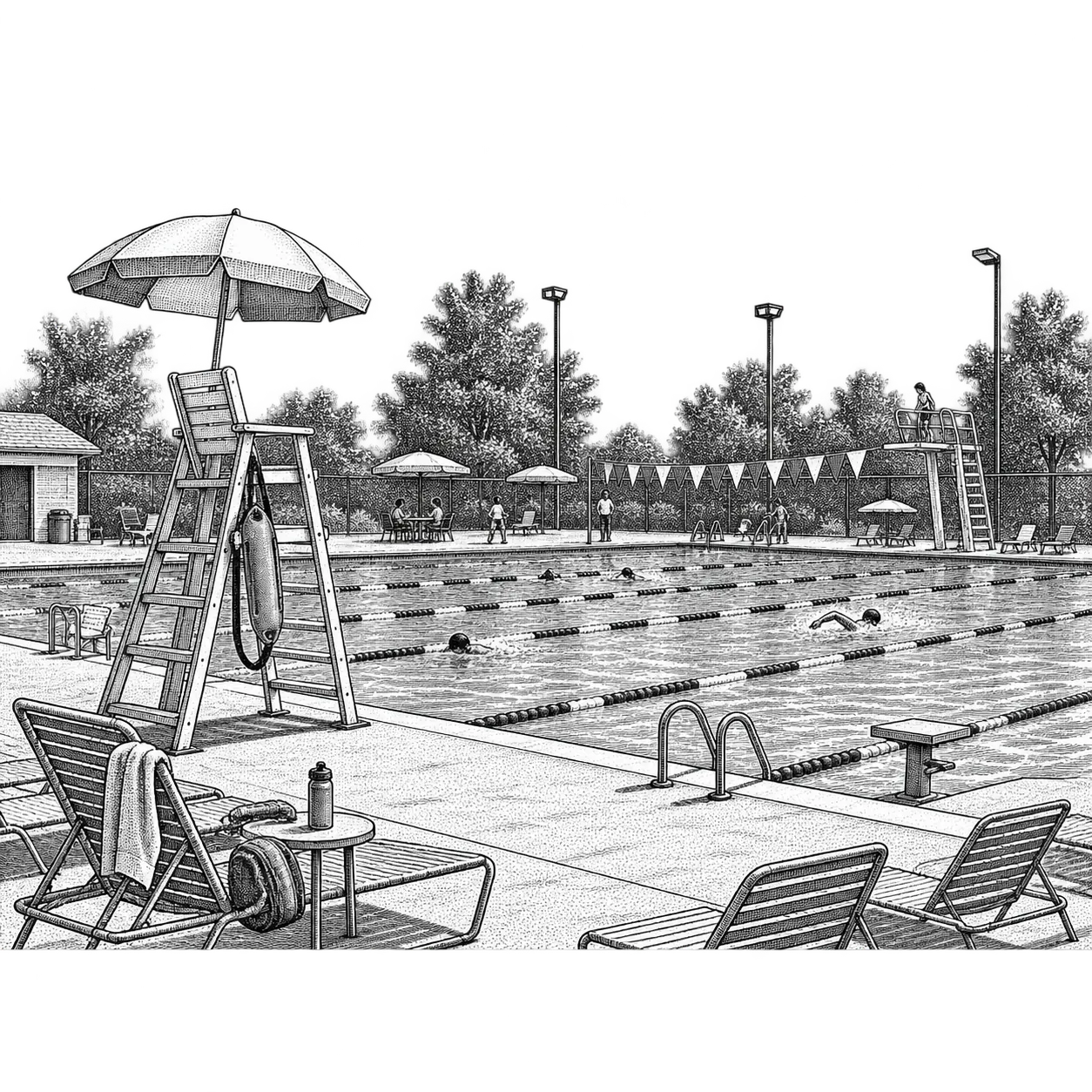 an outdoor community swimming pool: a raised lifeguard chair beside the water, lane ropes, a rescue tube on a hook and deck chairs