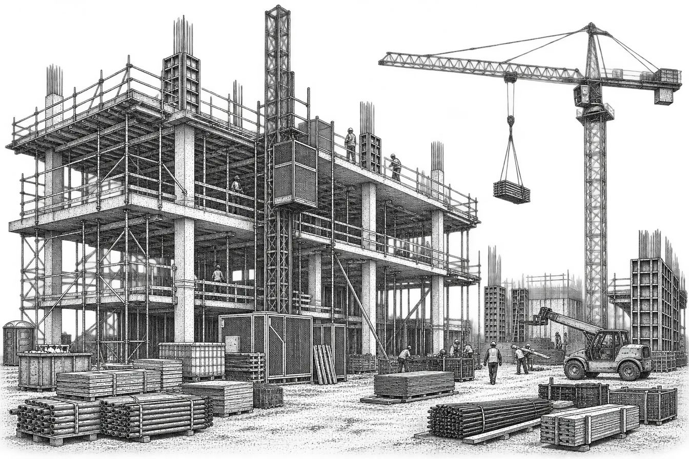 an active construction site: scaffolding up a part-built structure, stacked planks and strapped loads, a materials hoist