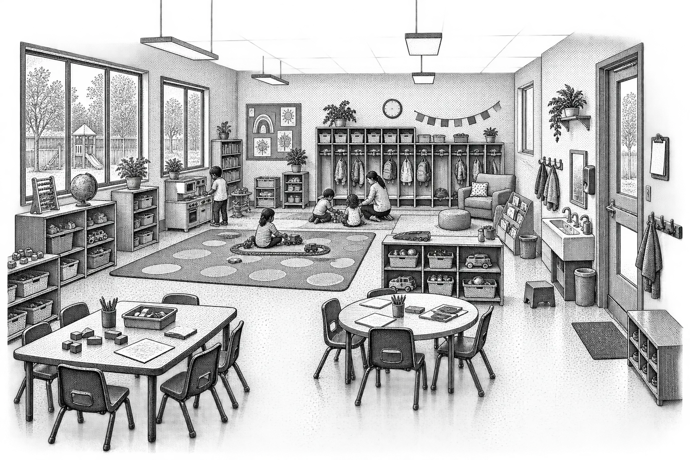 a daycare classroom: low tables and small chairs, sorted toy bins on shelves, a wall of cubbies, a low handwashing sink along one wall and a sign-in clipboard by the door