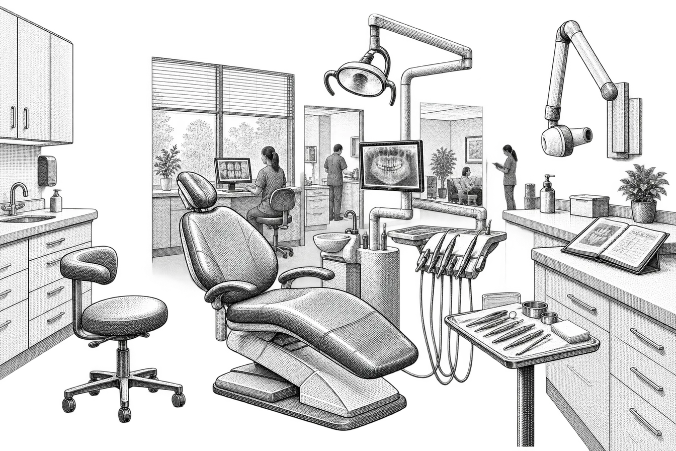 a dental treatment room: a reclining chair under an overhead lamp, a laid-out instrument tray, a suction line, a wall-mounted x-ray arm and an open patient chart on a side counter