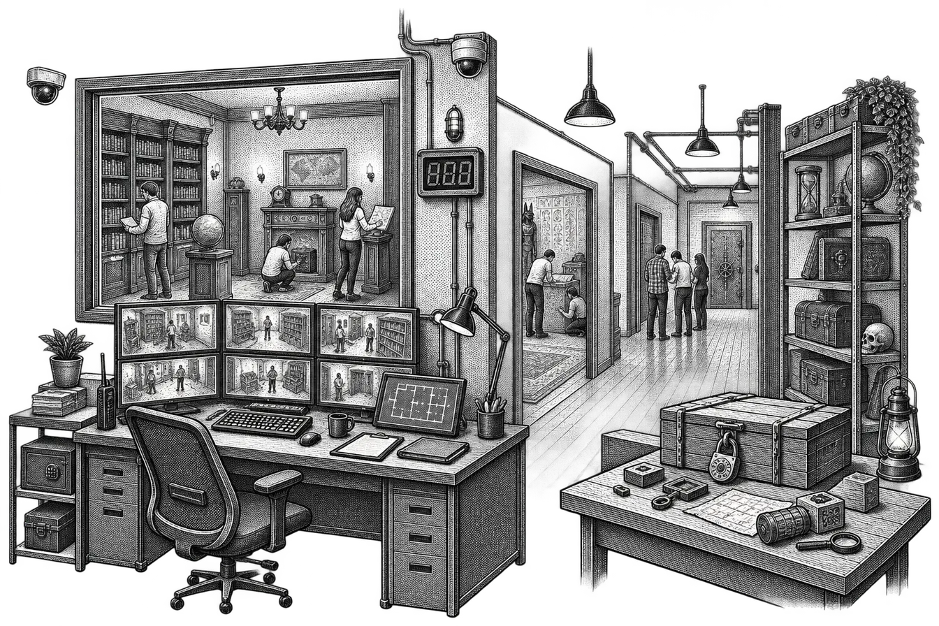 an escape room control desk with the themed room beyond: a bank of camera monitors, a countdown timer on the wall, a puzzle prop with a padlock