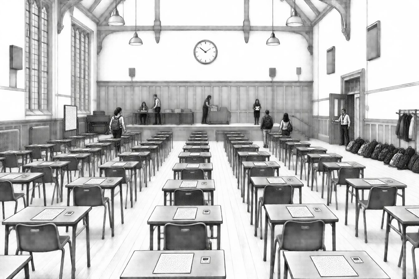 a university exam hall: long rows of single desks, each with a question paper face down and an ID card beside it, a large wall clock, an invigilator's table at the front and a heap of bags along the side wall