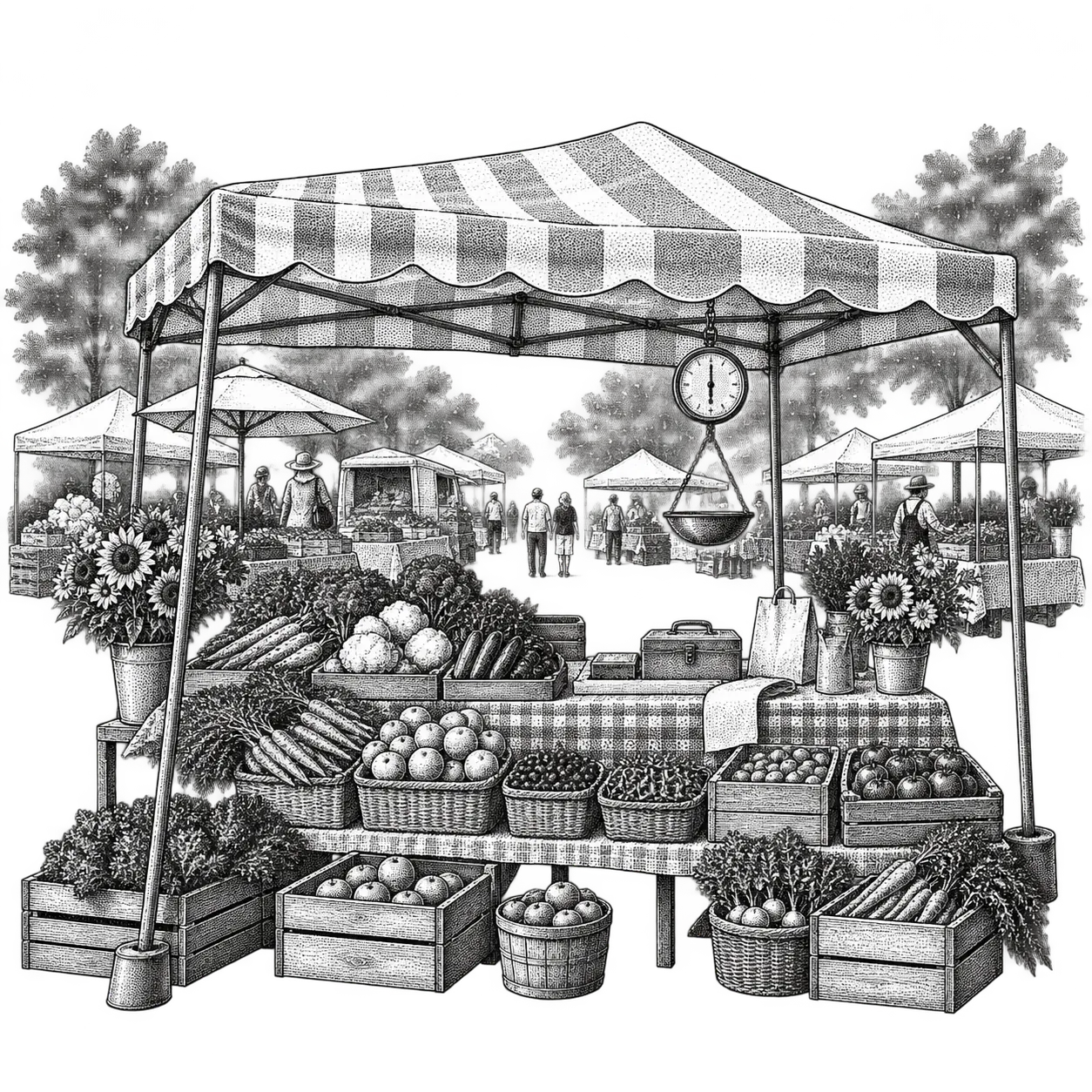 an outdoor farmers market produce stall under an awning: crates and baskets of vegetables with a front row of ripe fruit, a hanging scale, a cash box on the table