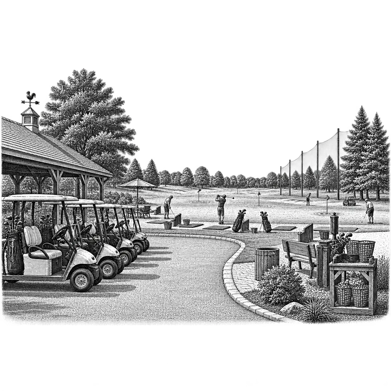 a golf course cart staging area beside the driving range: rows of parked carts, rubber range mats, wire baskets of balls