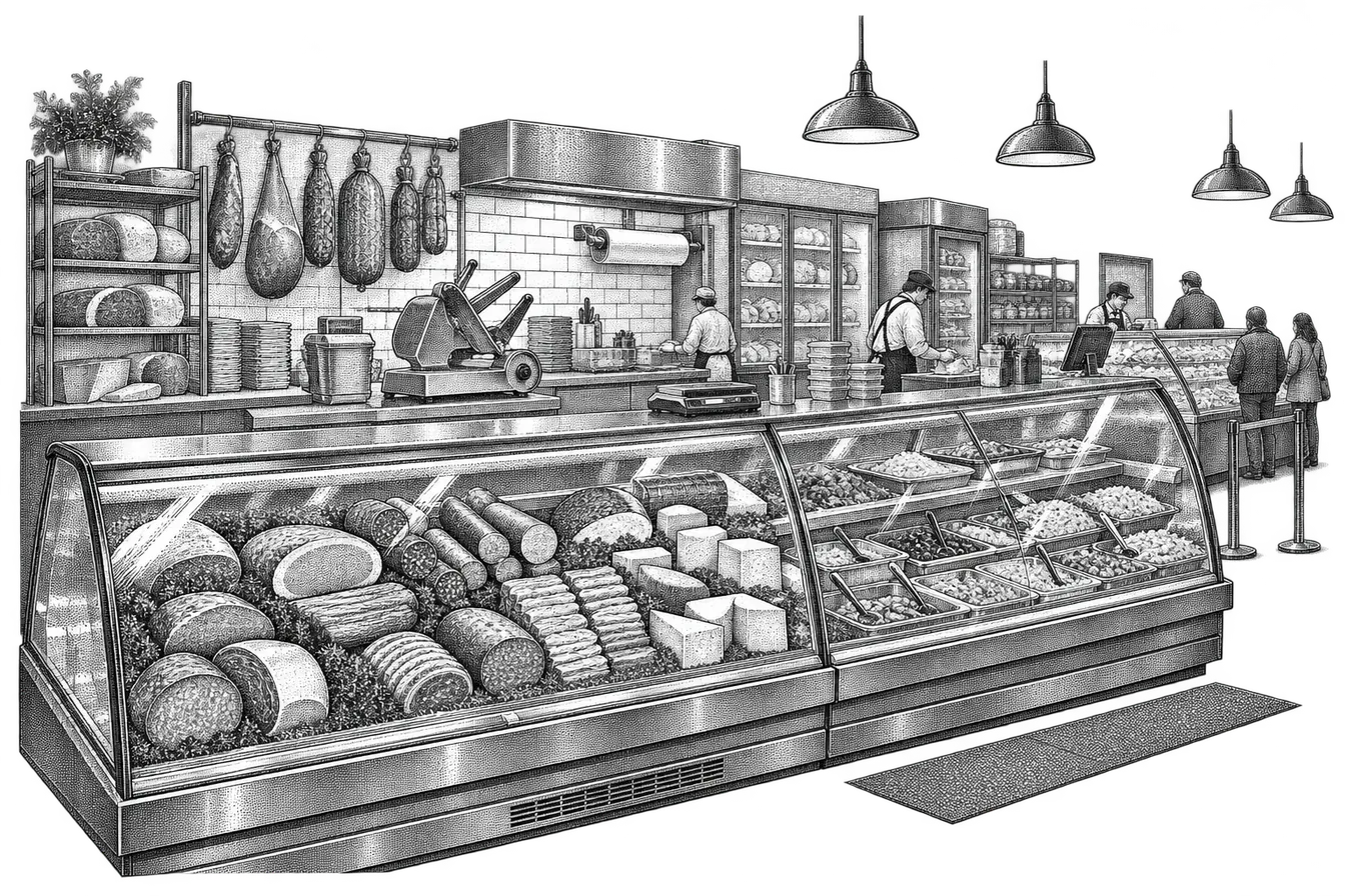 a supermarket deli counter: a refrigerated case of meats and salads, a slicer on the back counter, a scale and stacked containers