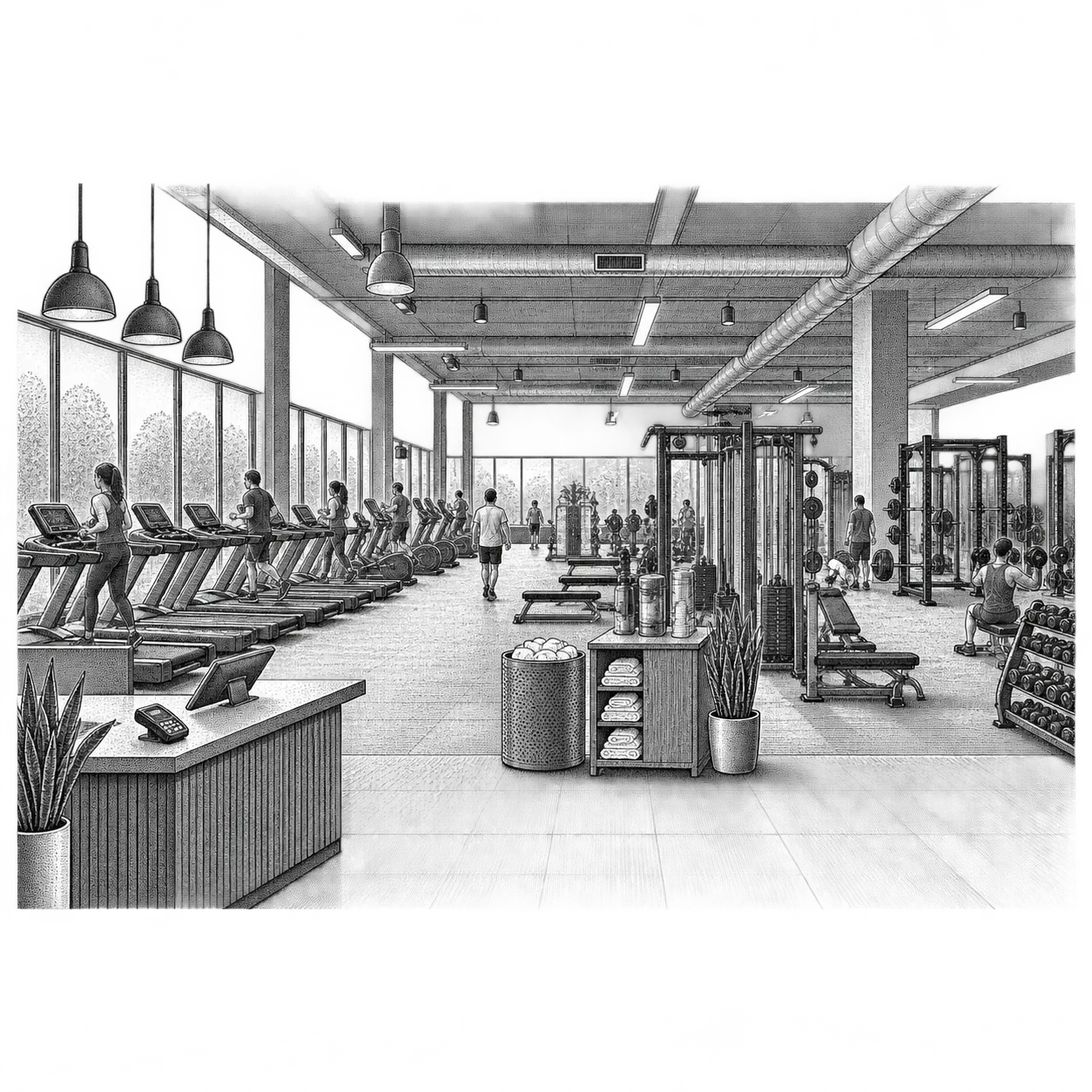 a gym floor: rows of treadmills and weight machines, a towel bin and water station, a front desk with a card scanner