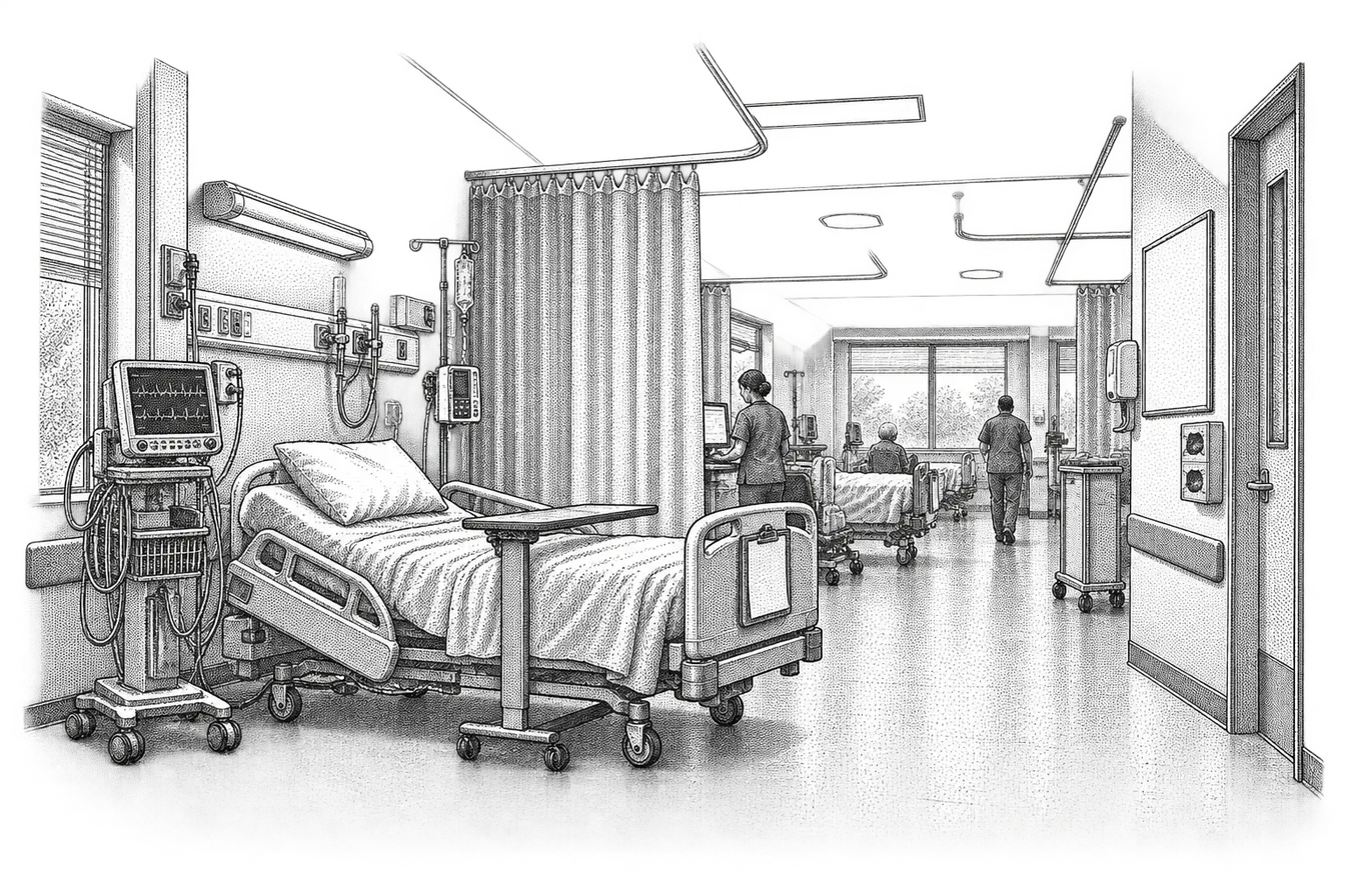 a hospital ward bay: a bed with a chart at its foot, a vitals monitor on a cart, a whiteboard by the door and a curtain rail