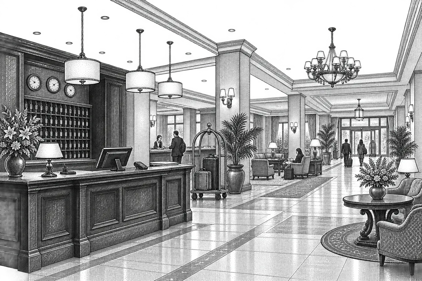 a hotel front desk and lobby: a reception counter with a monitor, a key-card rack behind, a luggage trolley and seating beyond