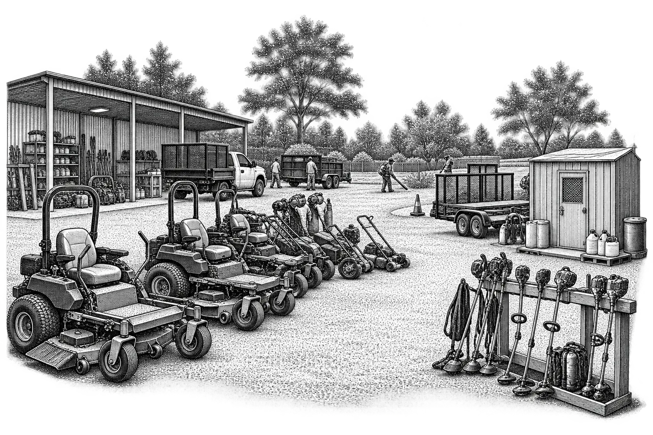 a landscaping company yard: ride-on and push mowers parked in a row, trimmers on a rack, a trailer and a locked chemical store