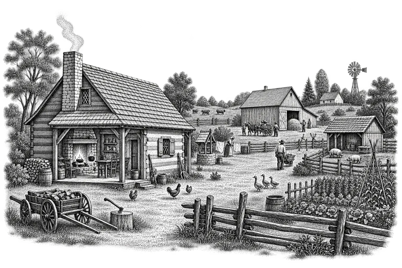 a living-history museum farmyard: a timber cottage with an open hearth visible inside, period tools, a split-rail fence and other buildings beyond