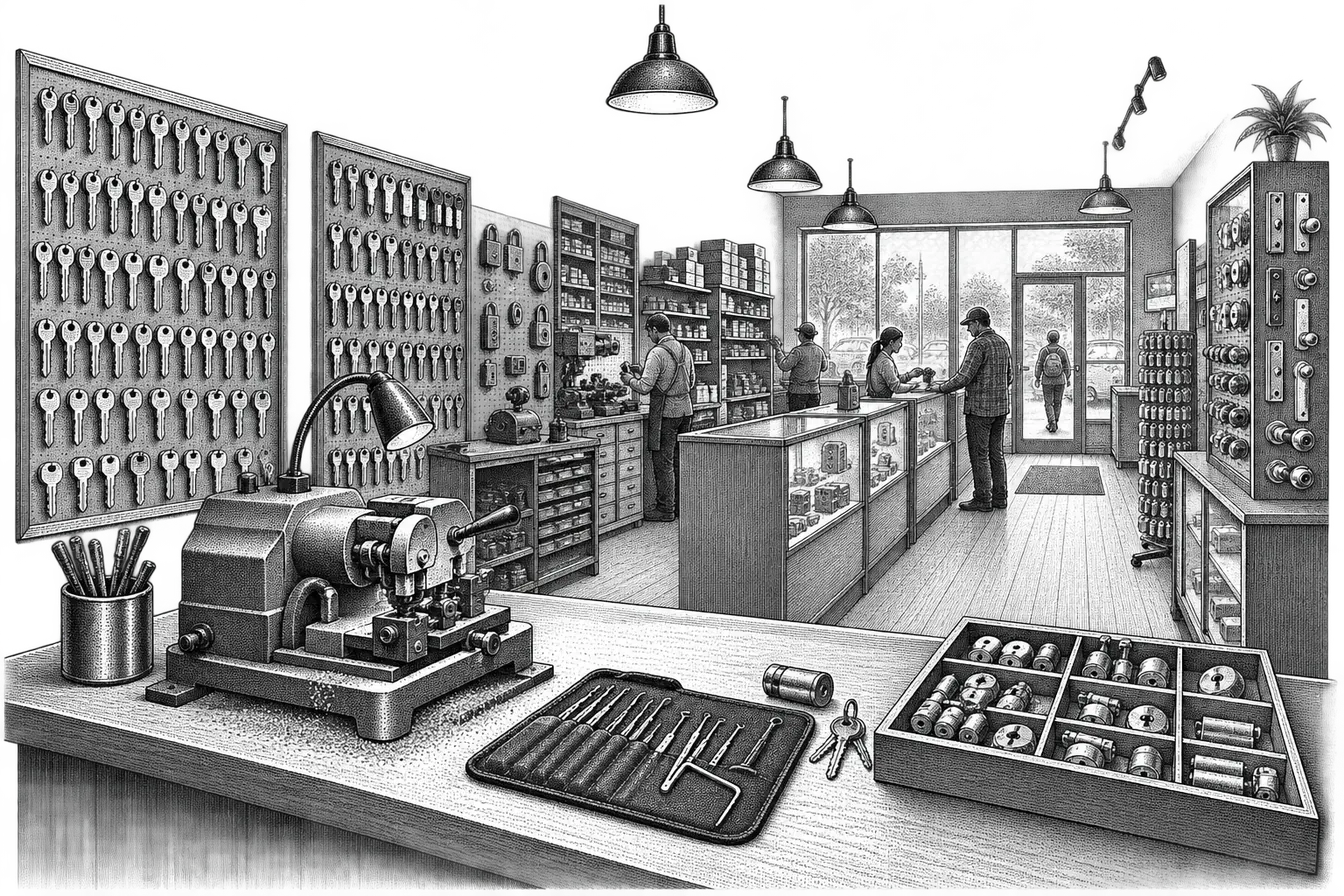 a locksmith's shop: a key-cutting machine on the counter, boards of blank keys, a pick set laid out and lock cylinders in a tray