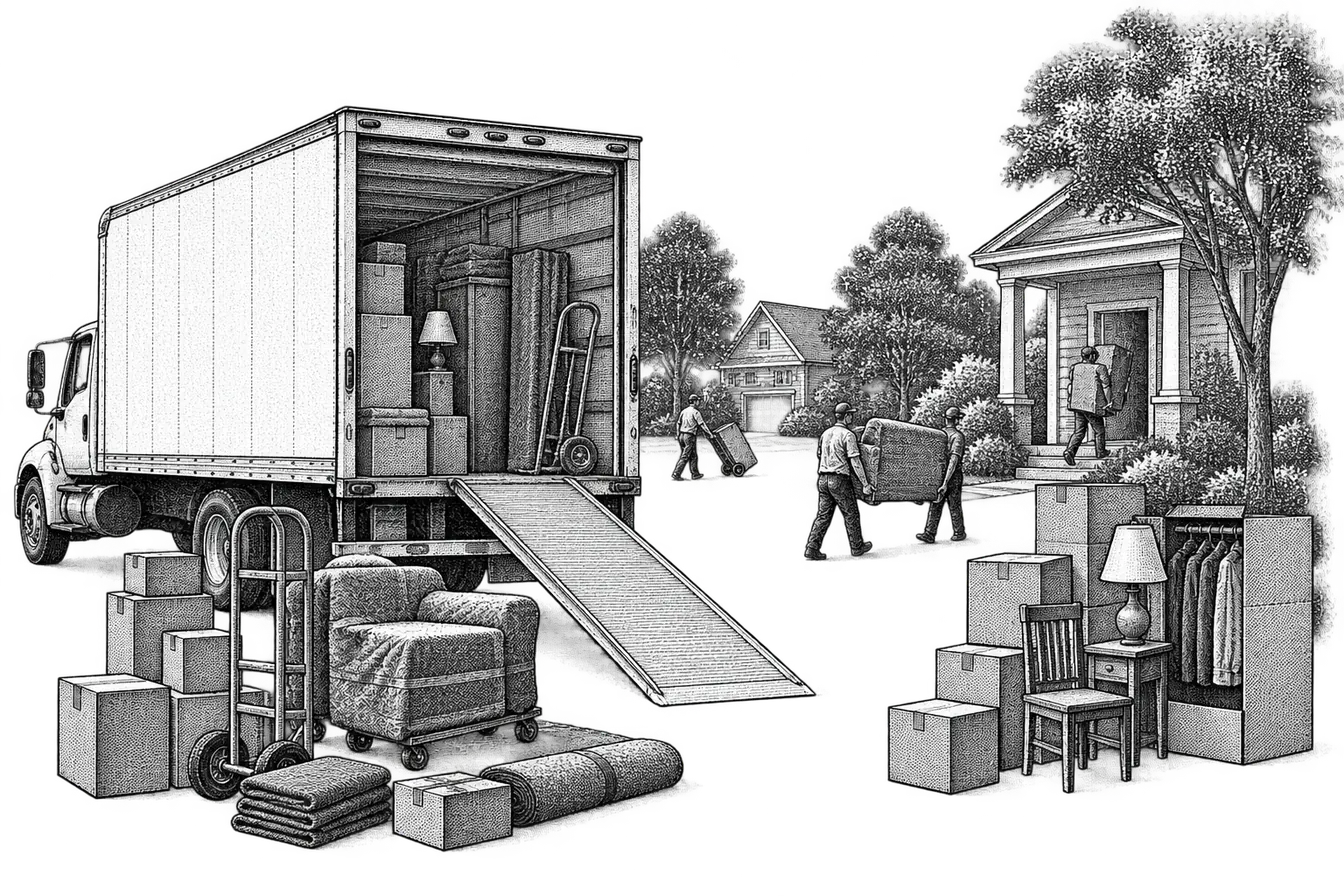 the open back of a moving truck with its ramp down: labeled boxes and wrapped furniture inside, straps along the wall, a dolly on the driveway