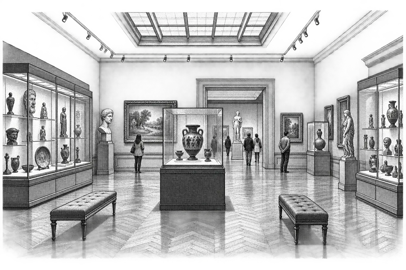 a museum gallery: display cases of ceramics with placards, a roped-off plinth, a bench and an archway through to the next gallery
