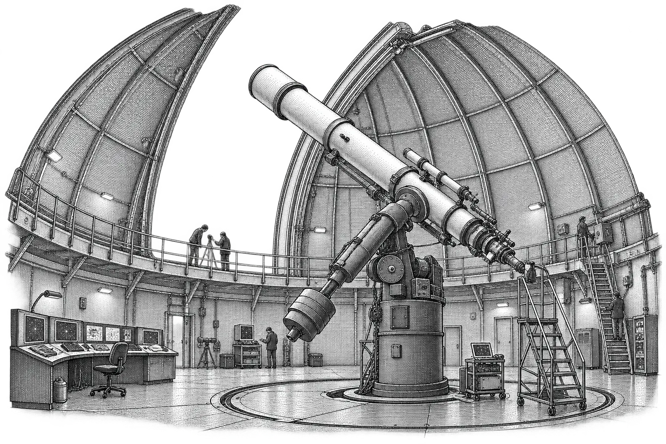 an observatory dome interior: a large telescope on its mount, the dome slit open above, a control console and a viewing step