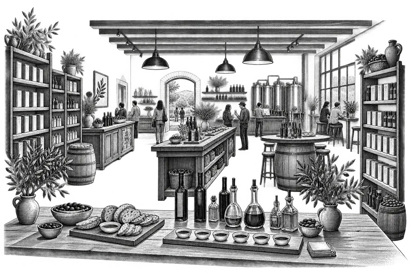 an olive oil tasting room: a counter of small tasting cups and bottles, decanters and a plate of bread, shelves of labeled tins