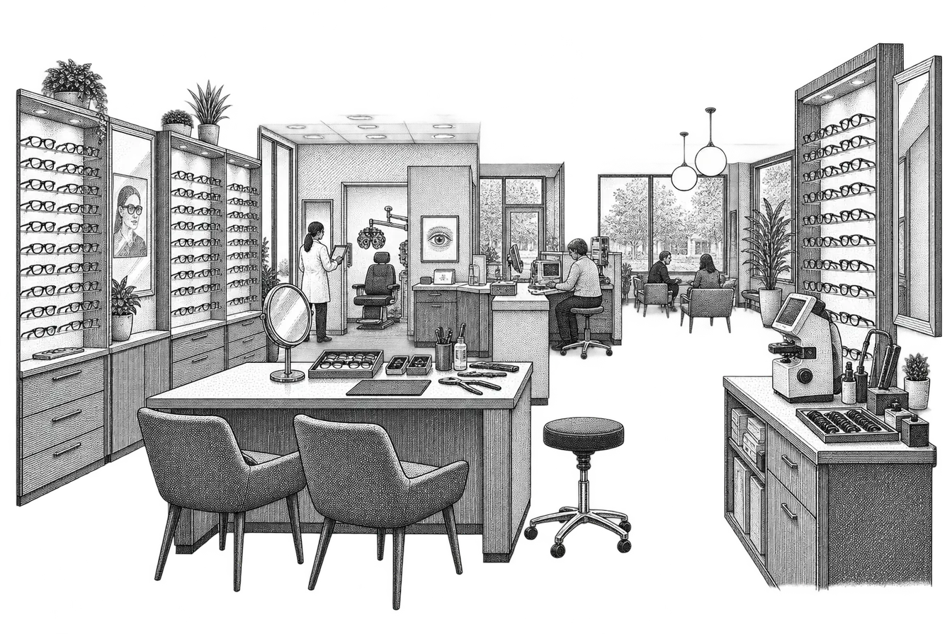 an optometry shop: wall displays of spectacle frames, a fitting mirror and adjustment tools on the counter, a lensmeter