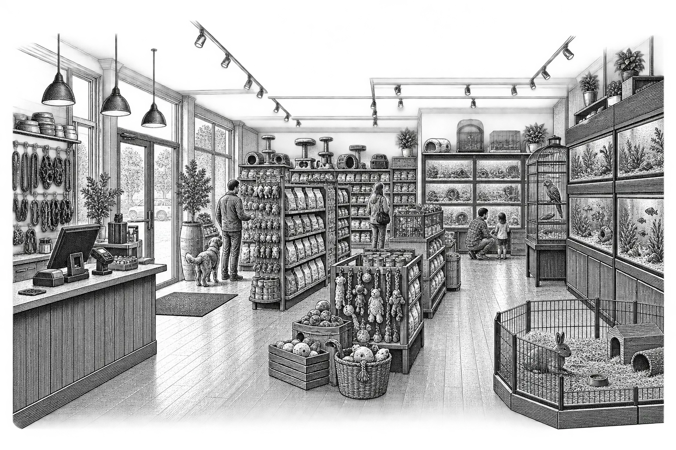 a pet shop: aisles of food bags and hanging toys, a wall of small animal tanks, a counter near the door