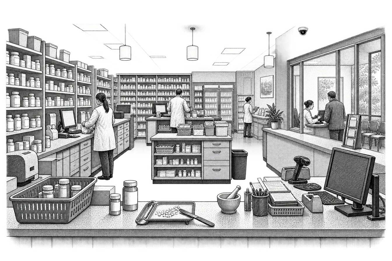 a pharmacy dispensing counter: shelves of labeled stock bottles behind, a counting tray and spatula, a consultation window