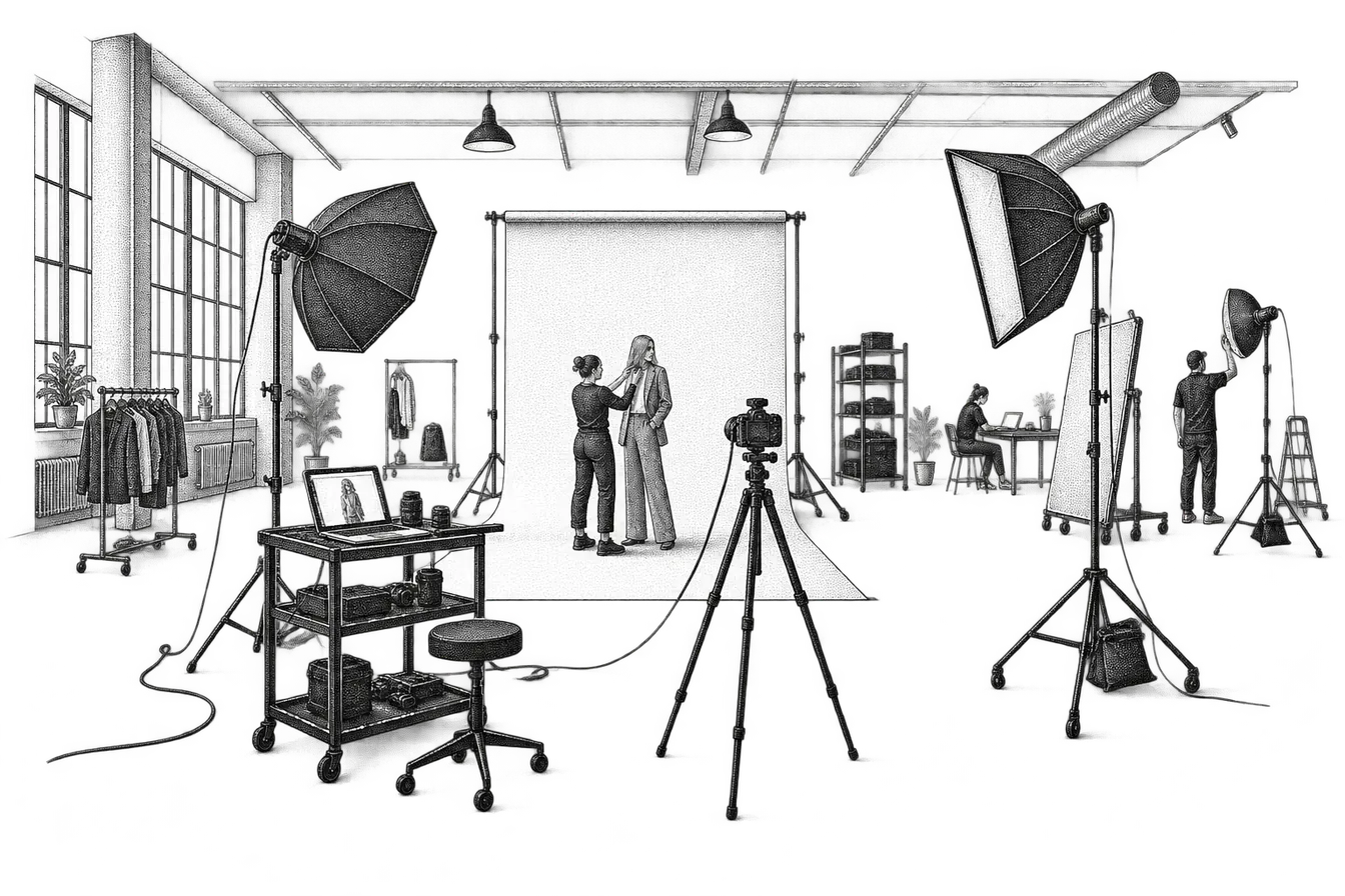 a photography studio: a seamless backdrop roll, softboxes on stands, a camera on a tripod and a laptop on a cart