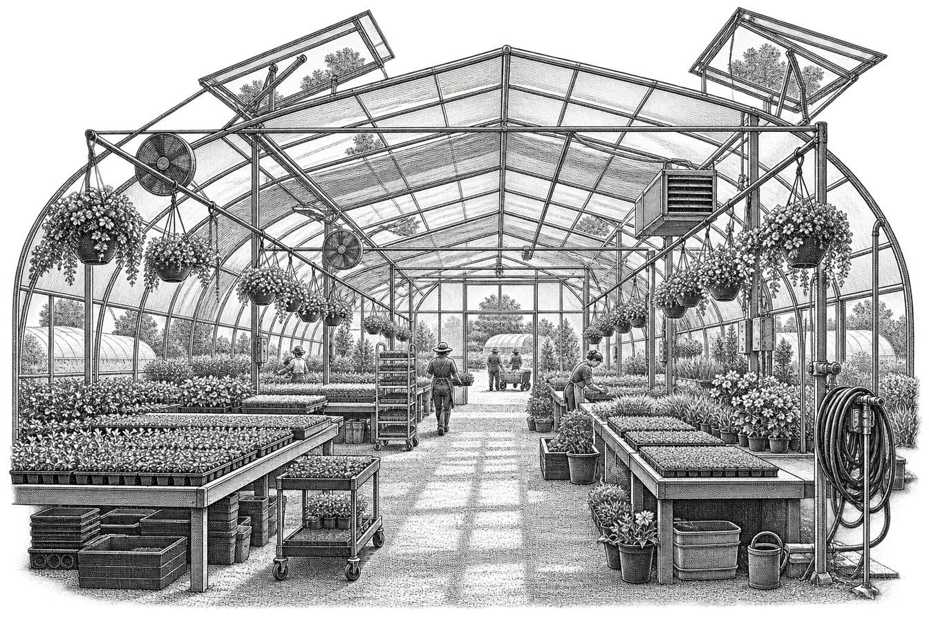 a plant nursery greenhouse: benches lined with seedling trays, hanging baskets, a hose reel and roof vents propped open