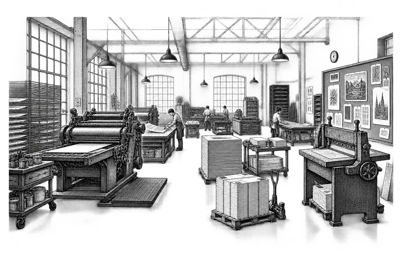a print shop: a large-format press, stacks of paper stock, a guillotine cutter and proofs pinned to a board