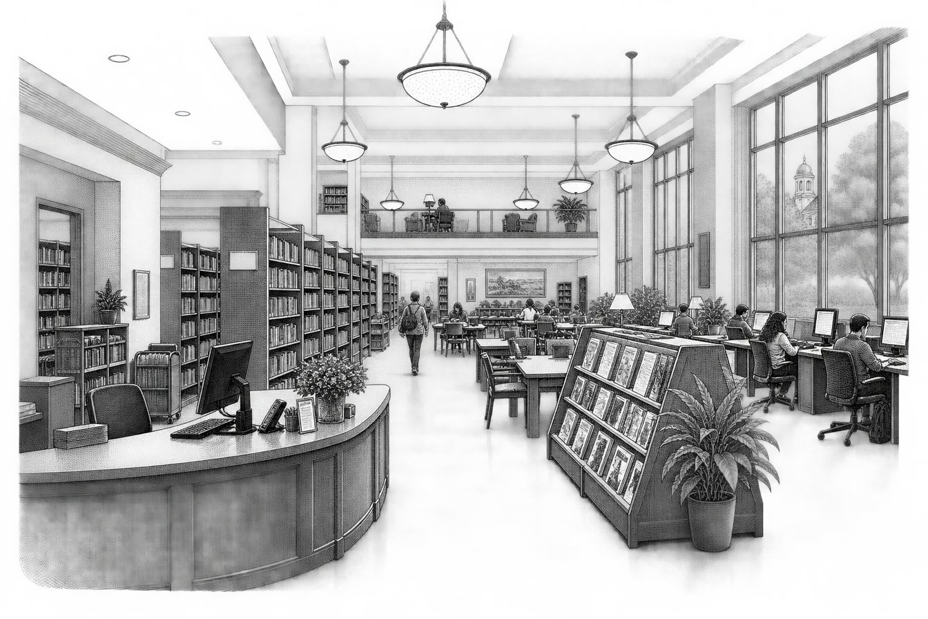 a public library: a circulation desk near the entrance, tall shelving beyond, a periodicals rack and study tables