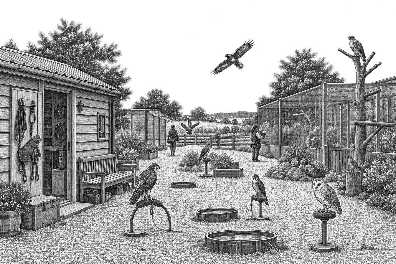 an outdoor raptor center mews: weathering perches on a gravel yard, a handling glove and jesses hung by the door, mesh flight pens behind