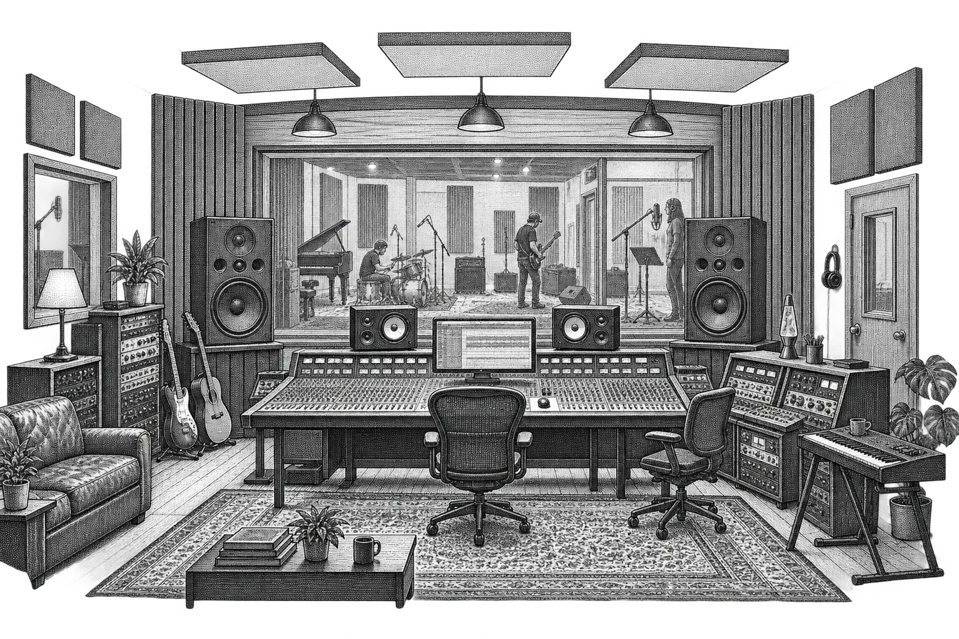 a recording studio control room: a mixing desk and monitor speakers, the live room visible through glass with a microphone on a stand and headphones
