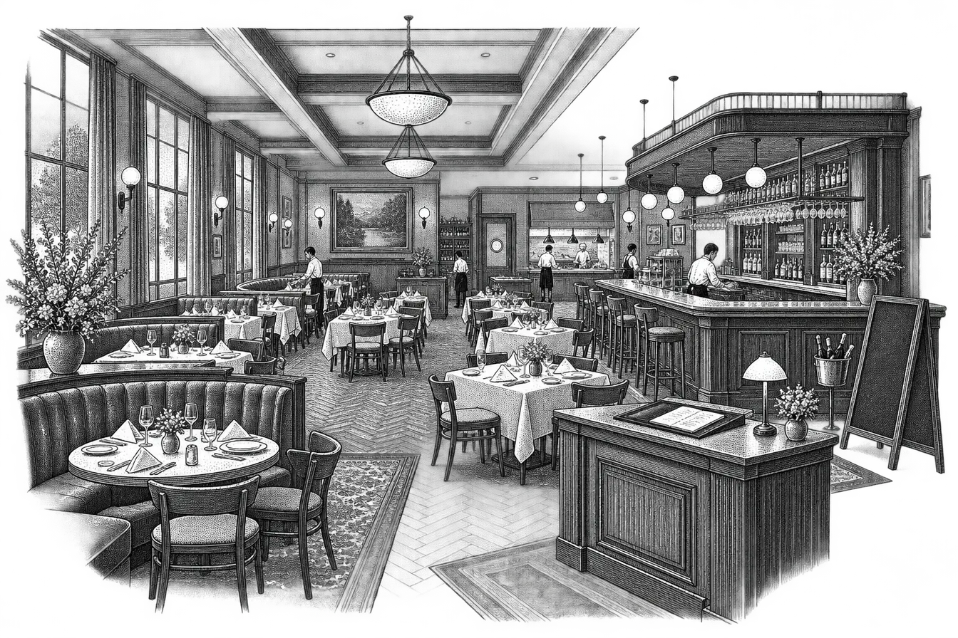 a restaurant dining room before service: set tables with folded napkins, a host stand with a reservation book, a chalk specials board by the bar