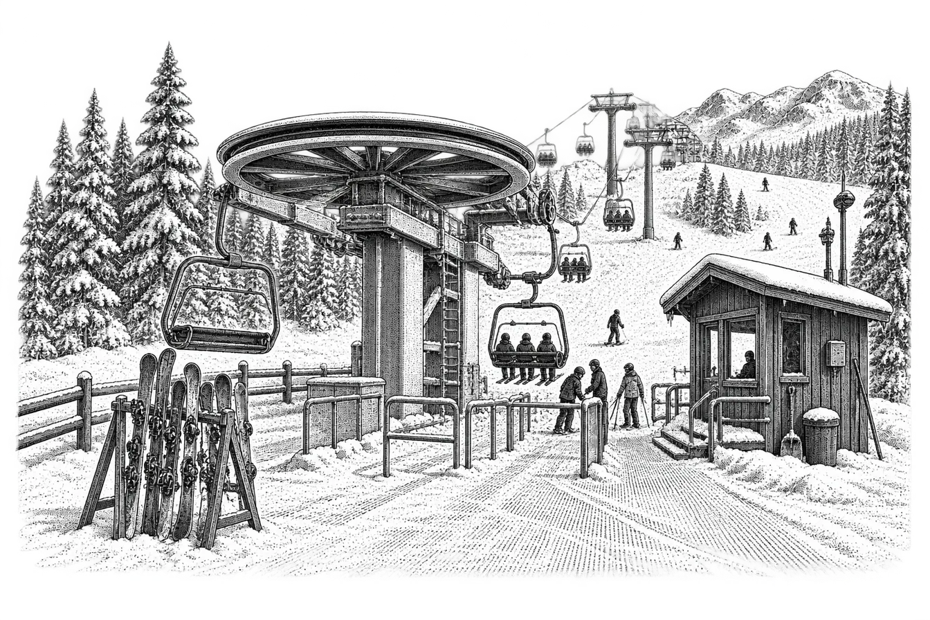 the base of a chairlift in snow: chairs coming round the bullwheel, a loading gate and lift shack, skis stacked in a rack