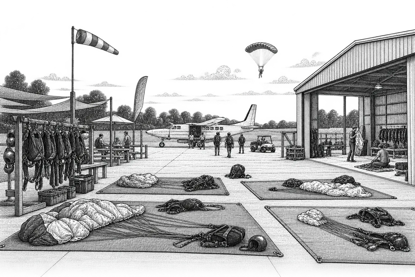 a skydiving center packing area beside a hangar: parachutes laid out on long packing mats, rigs on a rack, a weather board and a small plane on the apron