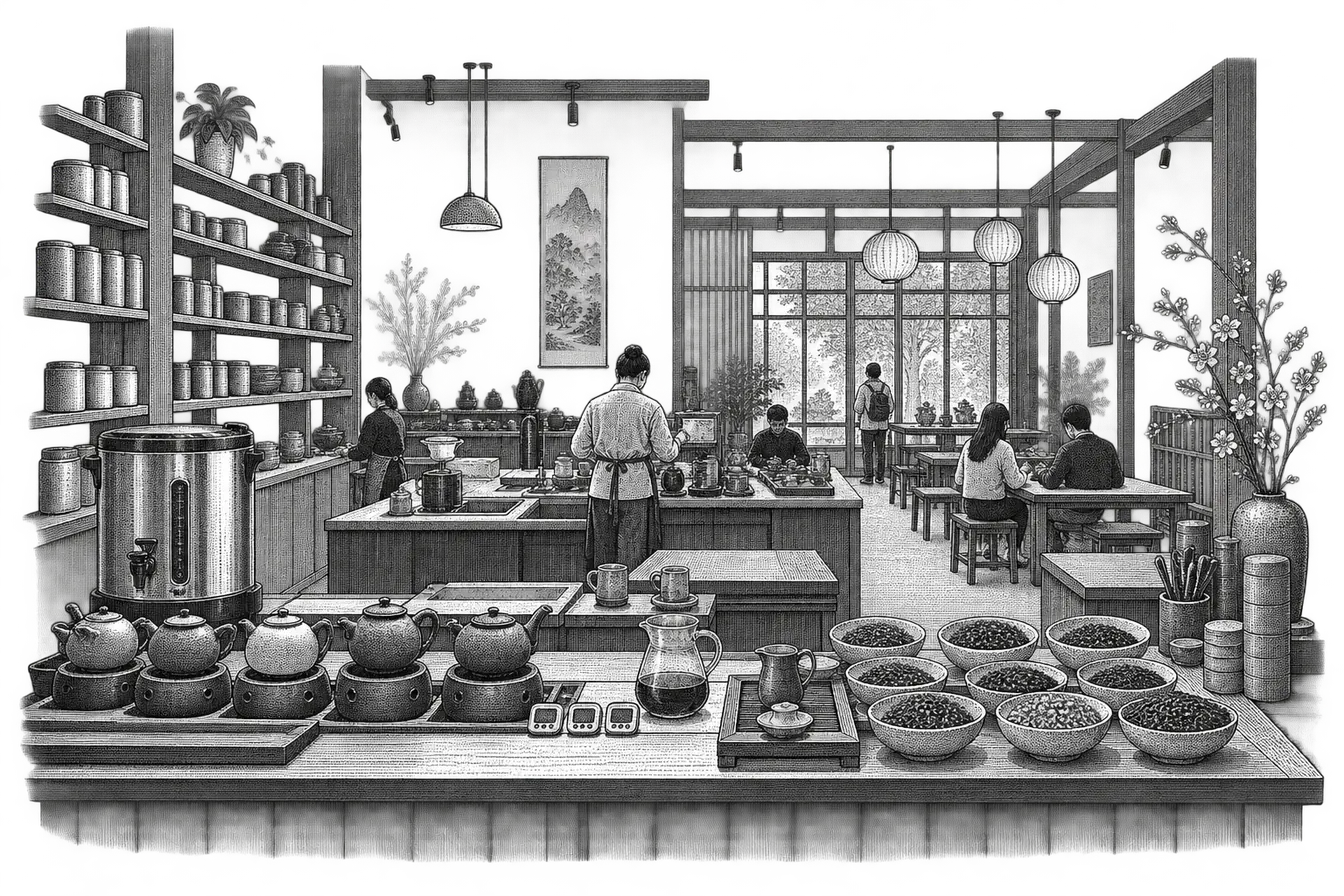 a tea house service counter: a row of teapots warming beside a temperature-controlled water boiler, small timers and a decanting jug on the counter, shallow bowls of loose leaf set out for showing customers, and closed tins on shaded shelves behind