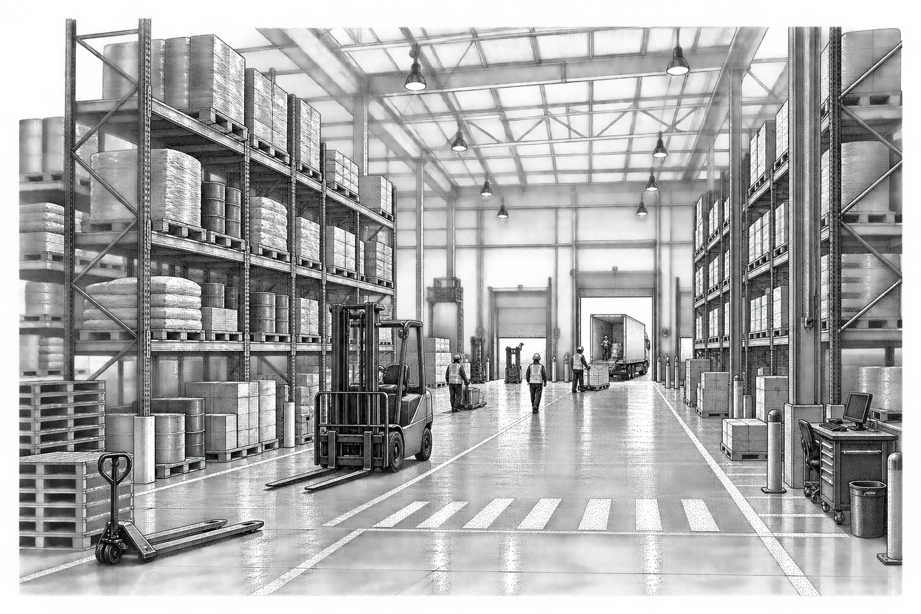 a warehouse aisle: tall pallet racking stacked with goods, a forklift with its forks lowered, painted floor markings and a loading dock beyond