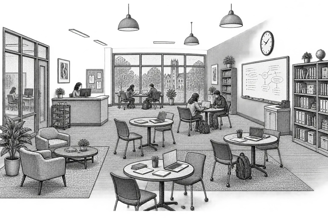 a campus writing center: round tables of open laptops and notebooks, a reception desk with a leaflet rack, a whiteboard of mind-mapped notes and glassed tutorial rooms to one side