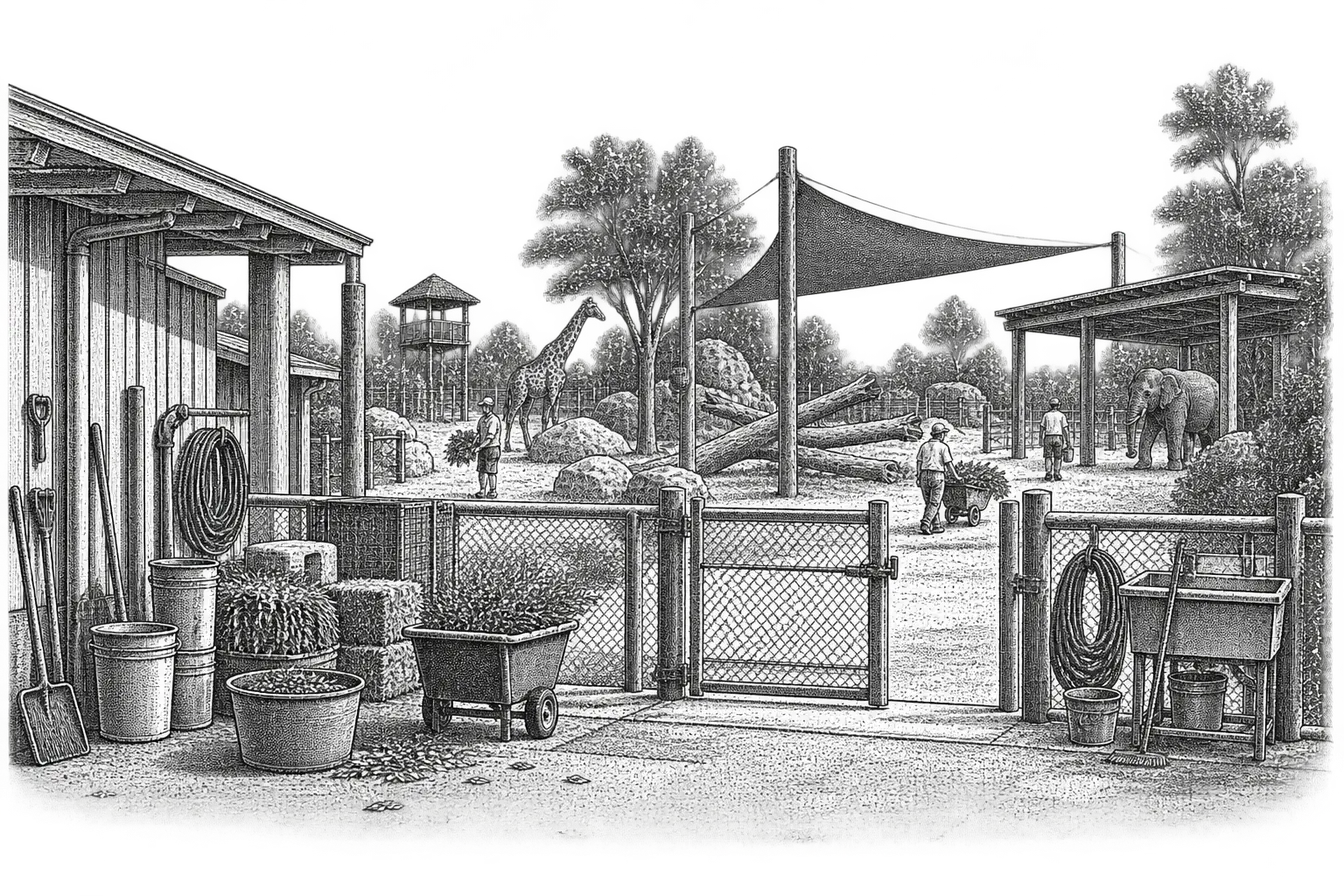 a zoo keeper service area beside an animal enclosure: a gated fence with a latch, feed buckets and a coiled hose, a shaded pen beyond